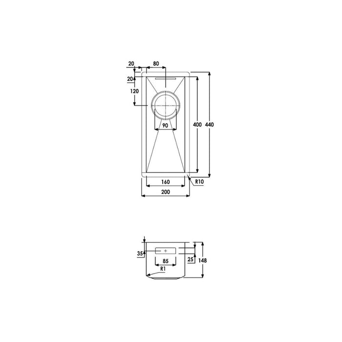 Abode Matrix R0 160mm Square 0.5B Undermount Sink - St/Steel Image 4