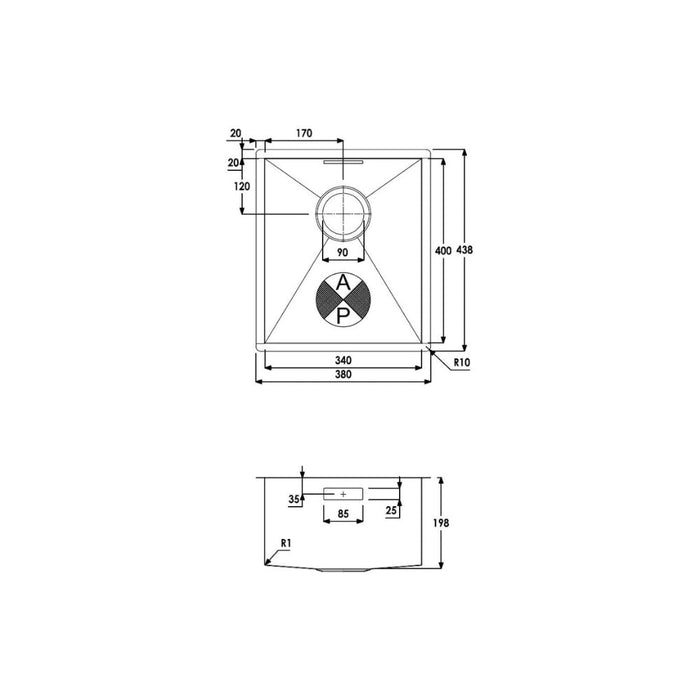 Abode Matrix R0 340mm Square 1B Undermount Sink - St/Steel Image 3