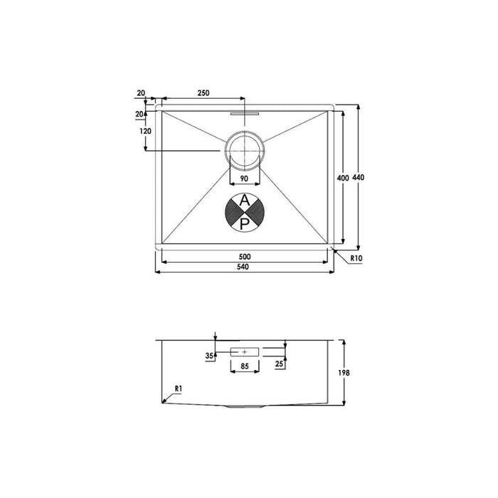 Abode Matrix R0 500mm 1B Undermount Sink - St/Steel Image 4