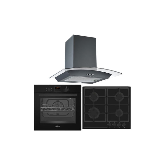 Prima Oven Gas Hob & Curved Glass Chimney Hood Pack - Black Image 1
