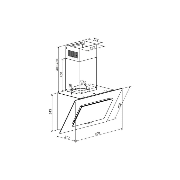 Prima PRAE0032 60cm Angled Chimney Hood - Black Glass Image 2