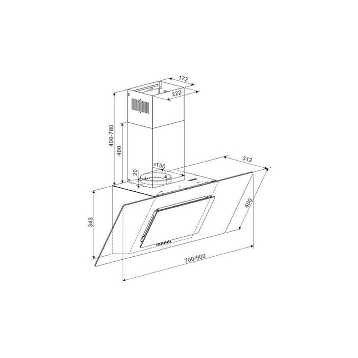 Prima PRAE0036 90cm Angled Chimney Hood - Black Glass Image 2